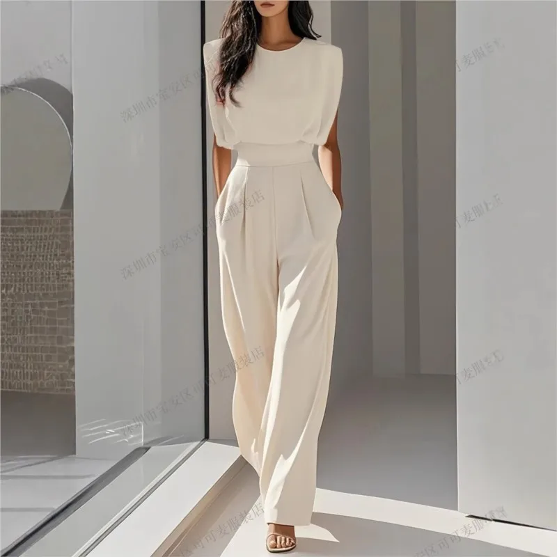 

Простой однотонный женский комбинезон: летний модный комбинезон с круглым вырезом, без рукавов, с завышенной талией, прямые брюки, популярный стиль