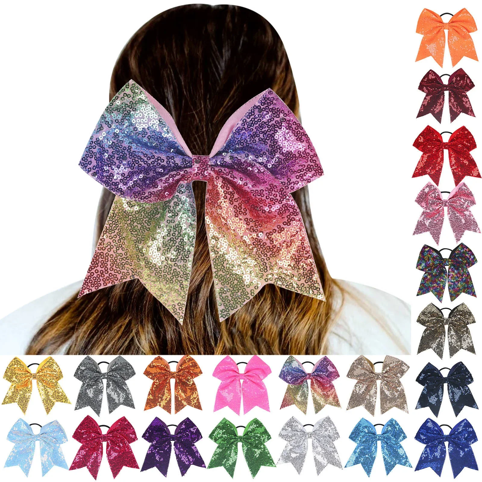 Girl Hairband Girls Ribbon Cheerleading Hair Bows with Sequin Beads Kids Bowknot Ponytail Holder Women Elastic Hair Tie