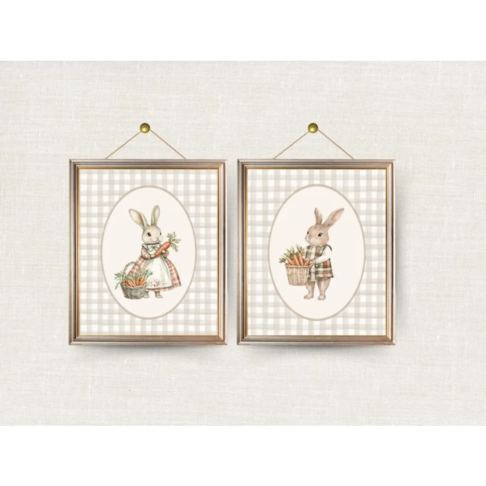 2pcs frameless Canvas Painting 2pcs Frameless Cute Rabbit Nursery Wall Art,Old-fashioned Farm Rabbit, Farmhouse Room Decoration,
