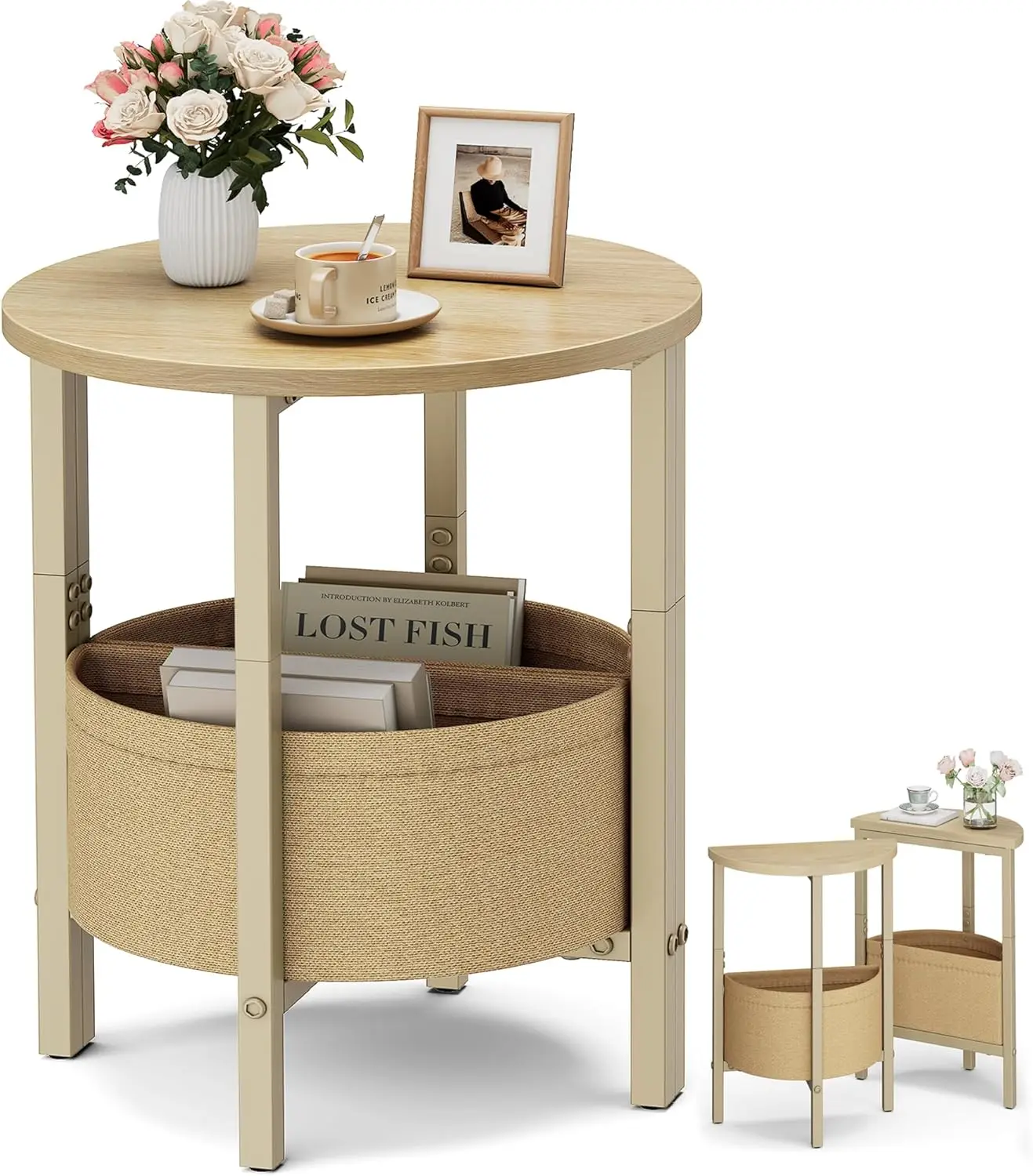 

Small Round Side Table End Table, Tall Accent Table with Storage Basket, Set of 2 Half Round Tables Half Moon Tables, Coffee