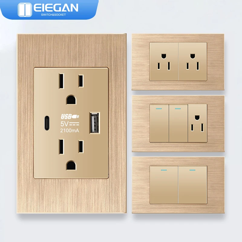 ELEGAN Gold Aluminium panel Thailand Standard Type C America Outlet Plug 118*72mm Wall Socket Light Switch Fast Charge