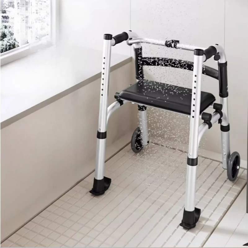 

Stand Upright Walkers for Elderly with Seat Foldable Double Arm Walking Aids Walker Rehabilitation Equipment Crutch Chairs