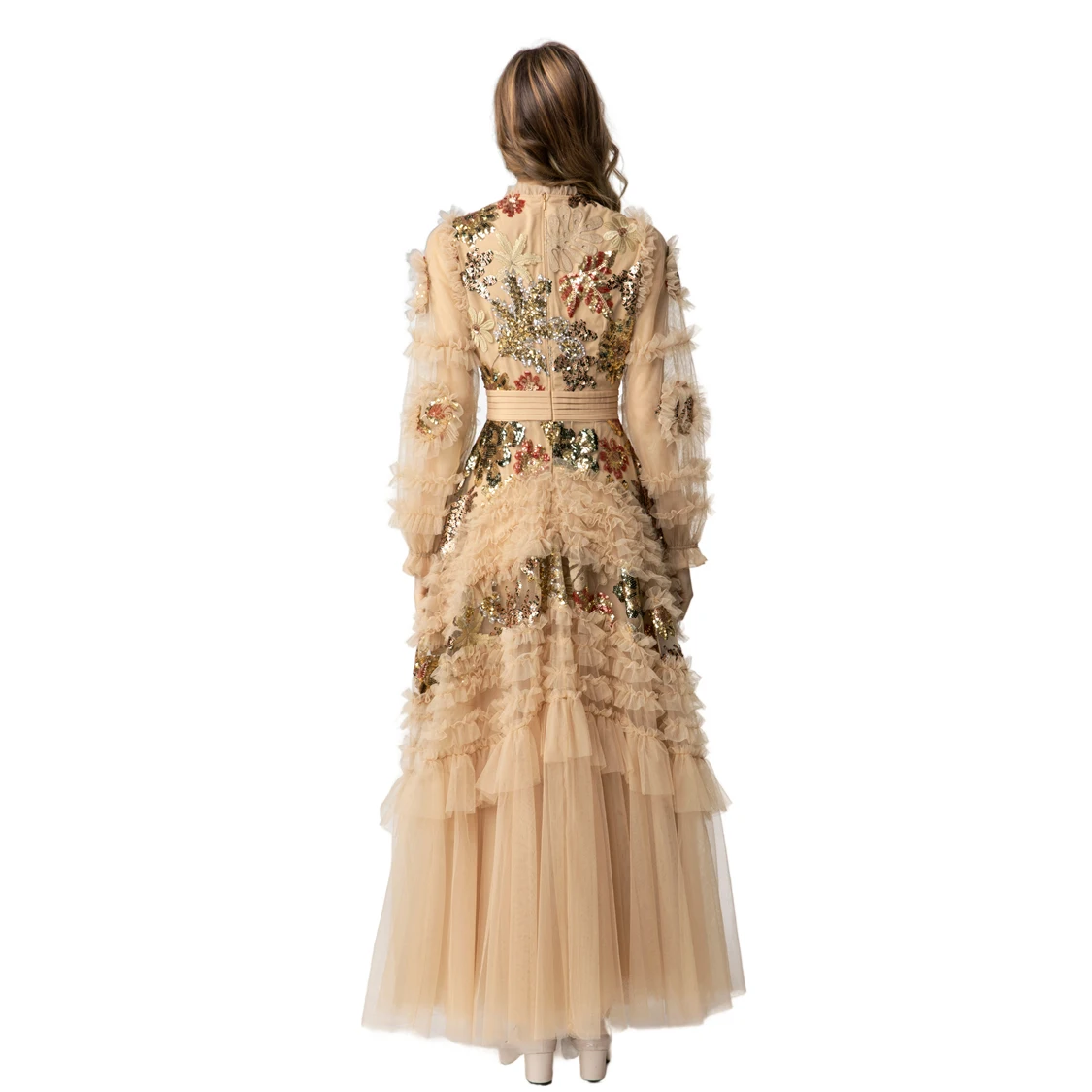 Vestido maxi feminino luxuoso de lantejoulas champanhe - embelezado com saia de tule em várias camadas, vestido de baile com mangas compridas bufantes S-4XL