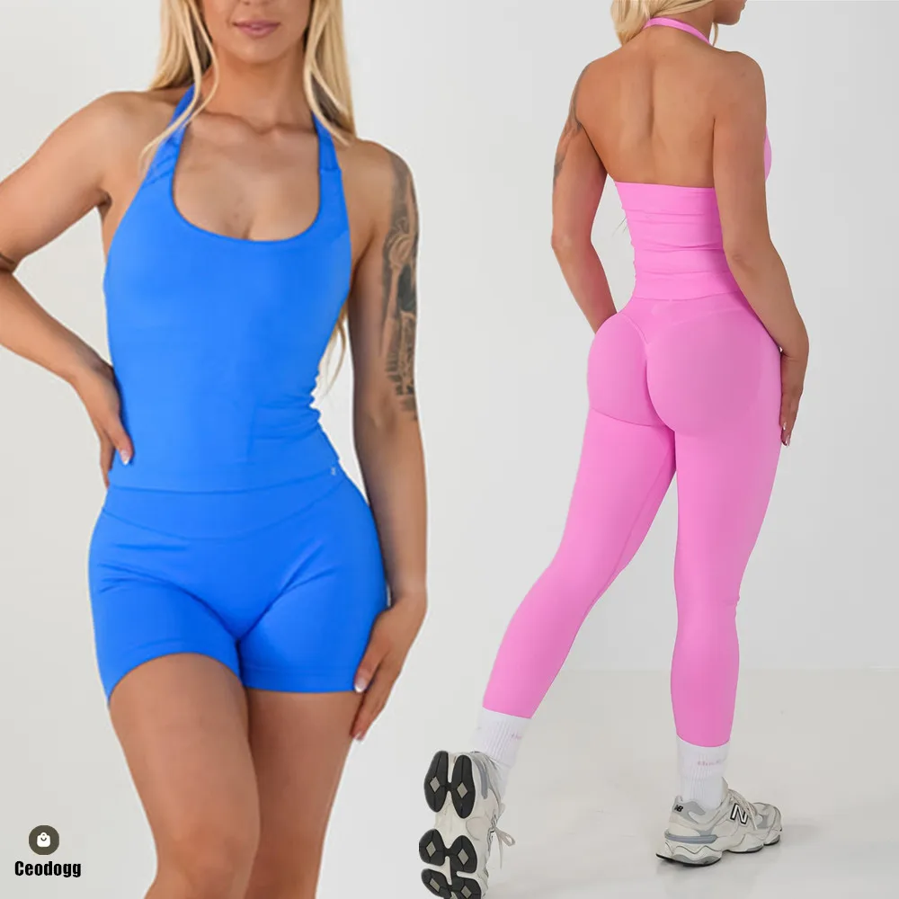 

Nologo 2Pcs Drmpact Halter Women Gym Vest Yoga Set Seamless Fitness Shorts Sports Bra Crop Tops Workout Legging Activewear XP389