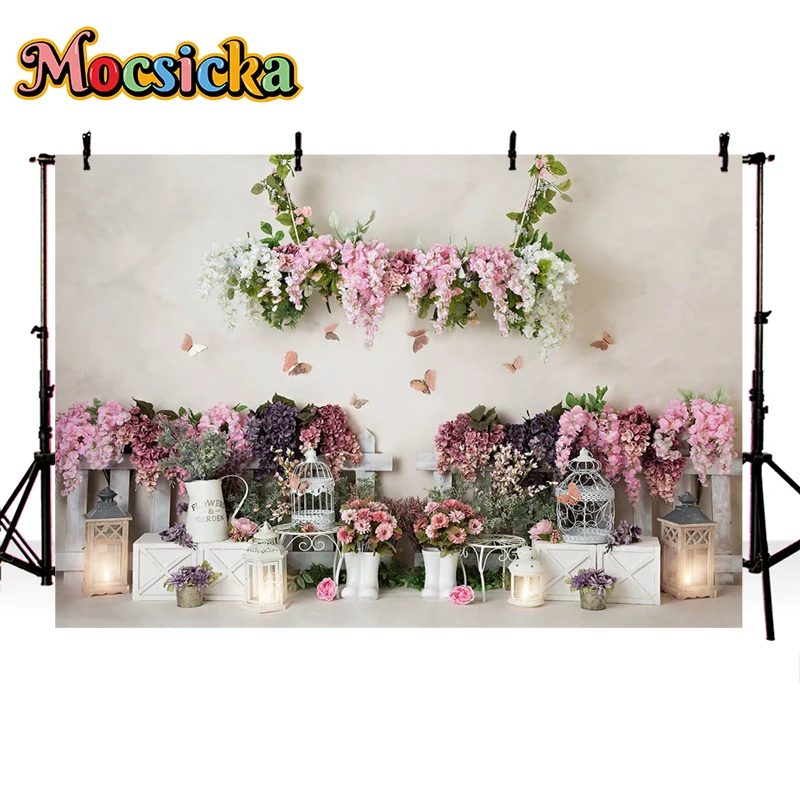 모시카 용수철 배경 사진 꽃 녹색 잎 어린이 신생아 초상화, 생일 부활절 배경 소품, 사진 스튜디오