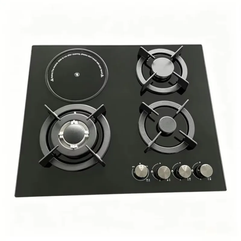 Built-in Table Kitchen Hob 3 Gas 1 Electric Burner Black Tempered Glass Panel Energy-Saving Non-Stick Safety Device Easy Hotel