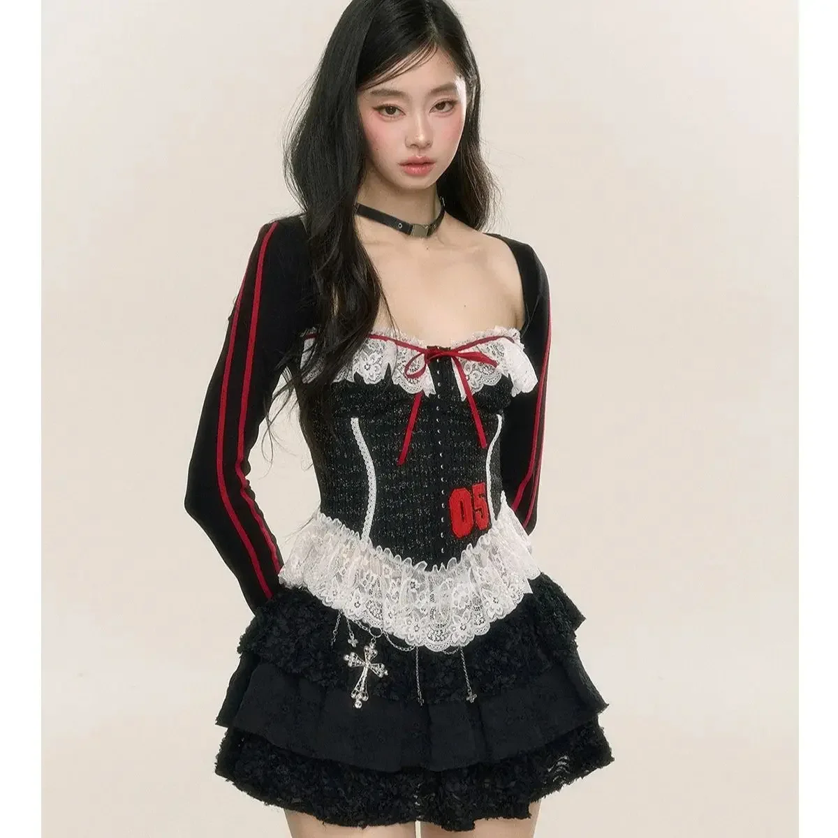IMU Original Design Cute Kawaii Girls Tshirt Long Sleeve Slim Sexy Sweet Light Lolita Top Y2k Bow Tie Lace Patch Top Tee Shirt W