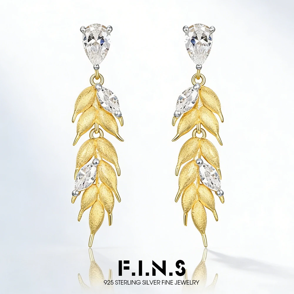 

F.I.N.S Luxury S925 Sterling Silver Zircon Gold Wheat Earrings Stylish Hand-Brushed Piercing Drop Ear Fine Jewelry Anti-Allergy