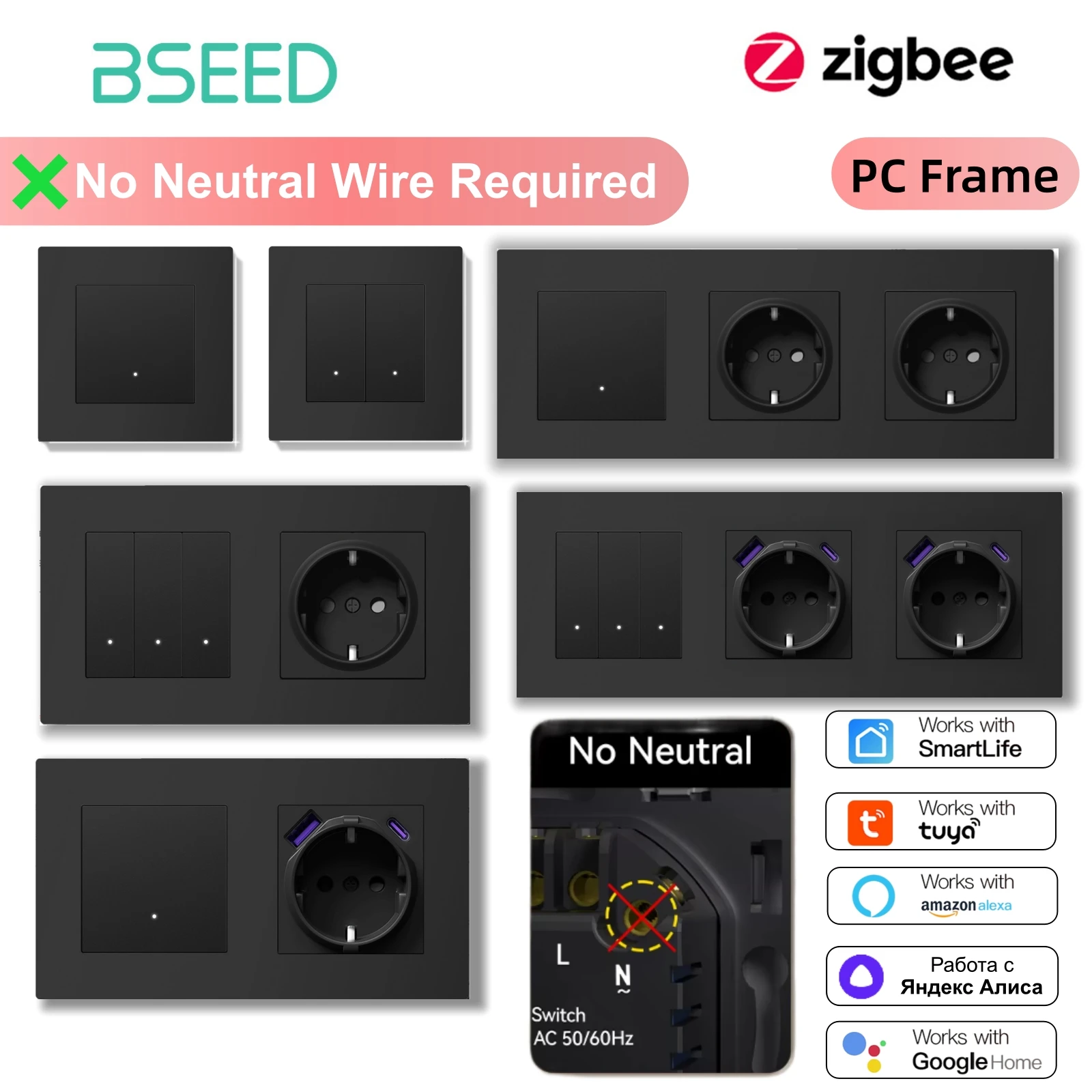 

BSEED Zigbee PC Light Switch Smart Button Switches For Tuya Smart Life Alexa App Plus EU Sockets Type-C USB-C