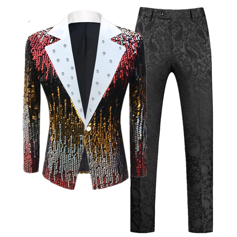 Fashion Singer Host Stage Performance Sequins Suit 2 Pieces 2024 New Men Bar KTV Luxury Splice Dress Set