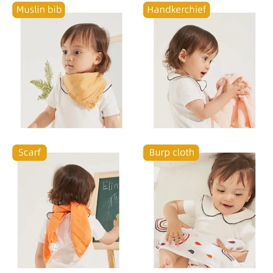 Elinfant 5PCS Bamboo Baby Muslin Bibs,Soft Baby Bath Towel,Fashion Design Scarf Handkerchief,100% Cotton Muslin Swaddle Blankets