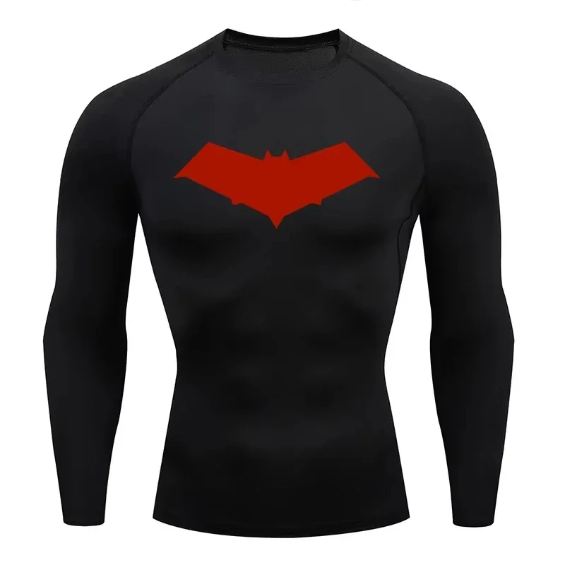 Outono bat print camiseta de compressão masculina secagem rápida ginásio treino topo fitness rashguard para correr manga longa esporte treino