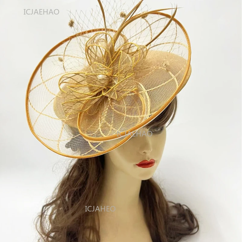 Linen Veil Headpiece European French Elegant Hat Vintage Feather Party Fascinator Formal Banquet