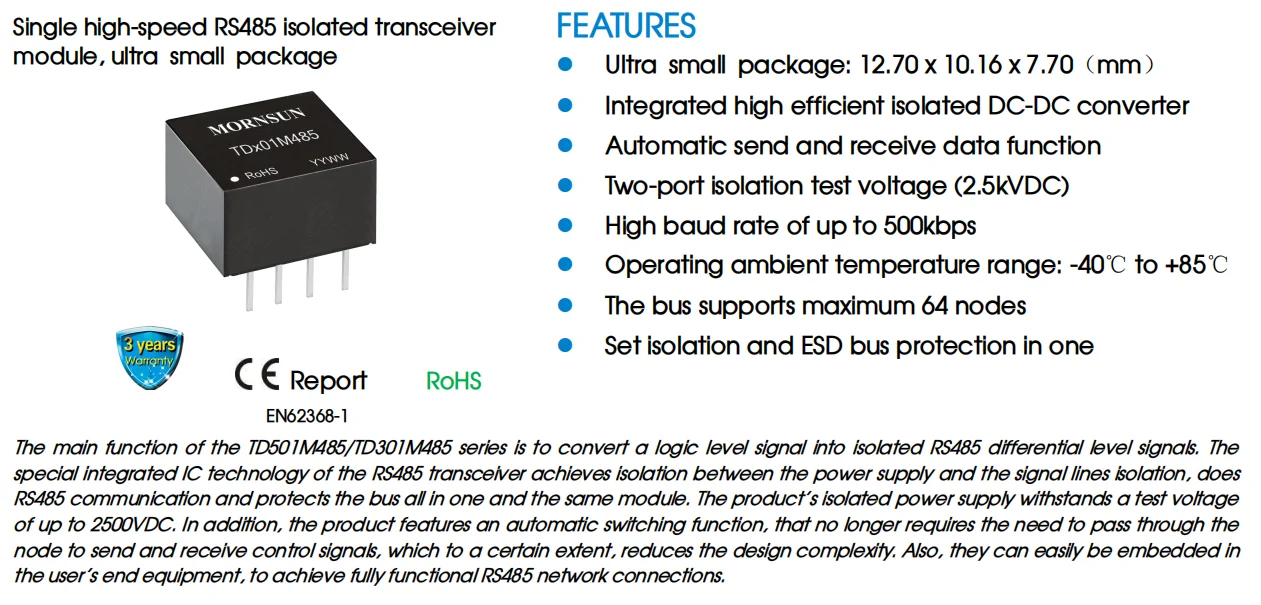 TD301M485 Single High Speed Small Form Factor RS485 Isolated Transceiver Module