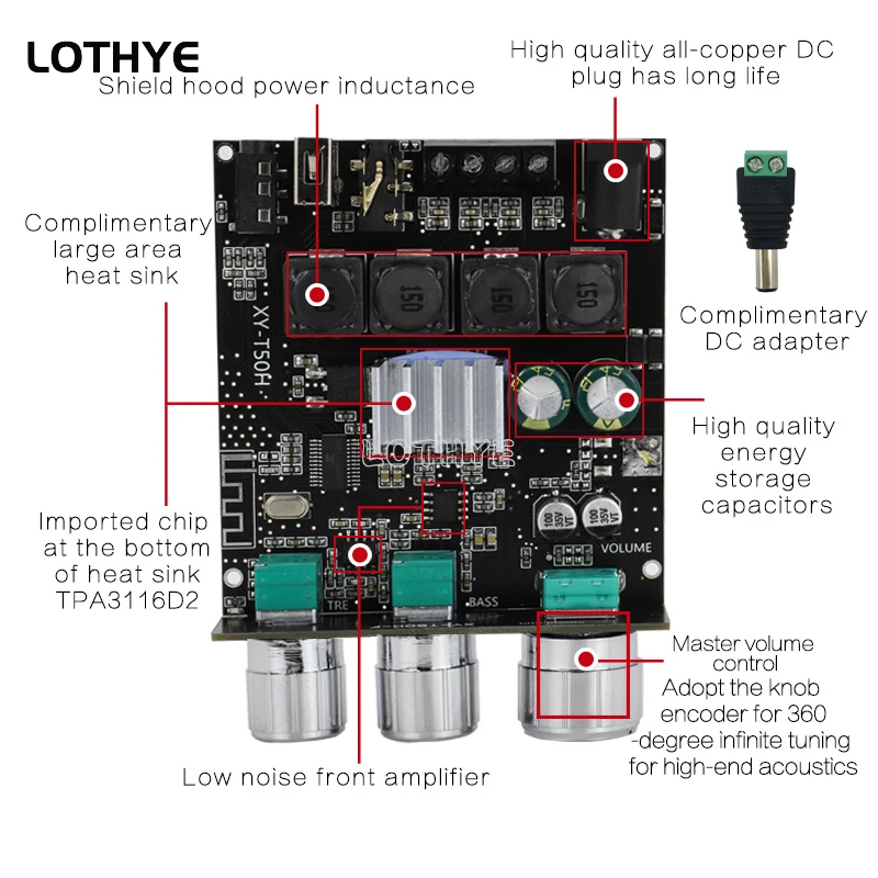 Bluetooth 5.0 TPA3116D2 2*50W Scheda amplificatore subwoofer 2.0 canali Audio stereo ad alta potenza AUX USB Bass AMP T50H