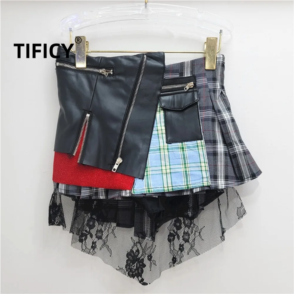 High Street Deconstruction Splicing Plaid Skirt Women New Punk Style Irregular Streetwear Sexy Fashion Skirt