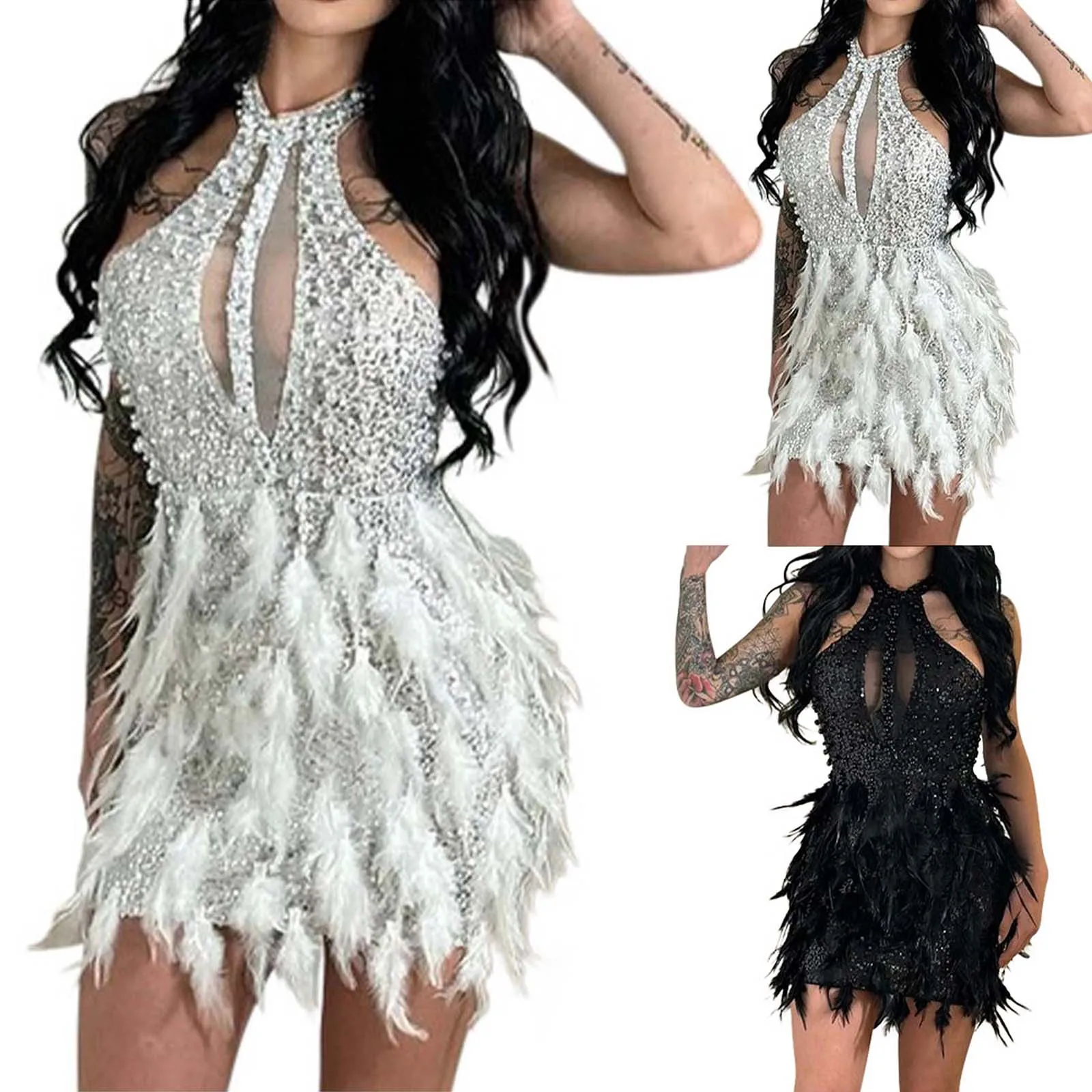 Mini vestido sem mangas com lantejoulas de plumas feminino, O-neck, Mesh Bodycon, Sexy, Holiday Party, Evening Halter Dresses, Novo, 2022