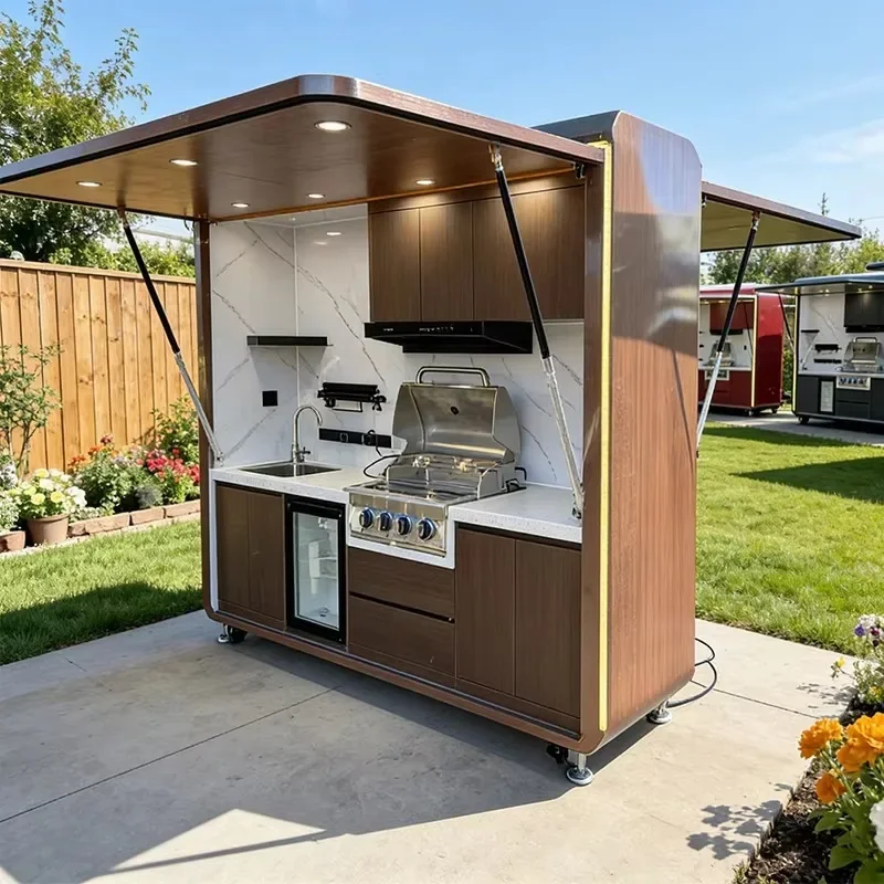 FL Outdoor Food Cart One-Stop BBQ Modular Kitchen with Refrigerator Sink Storage Cabinet Stainless Steel 4-Wheel Custom
