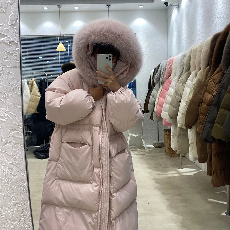 New Winter Snow Long Jacket Women Large Natural Fur Collar Hooded Parkas 90% White Duck Down Coat Thick Warm Outwear