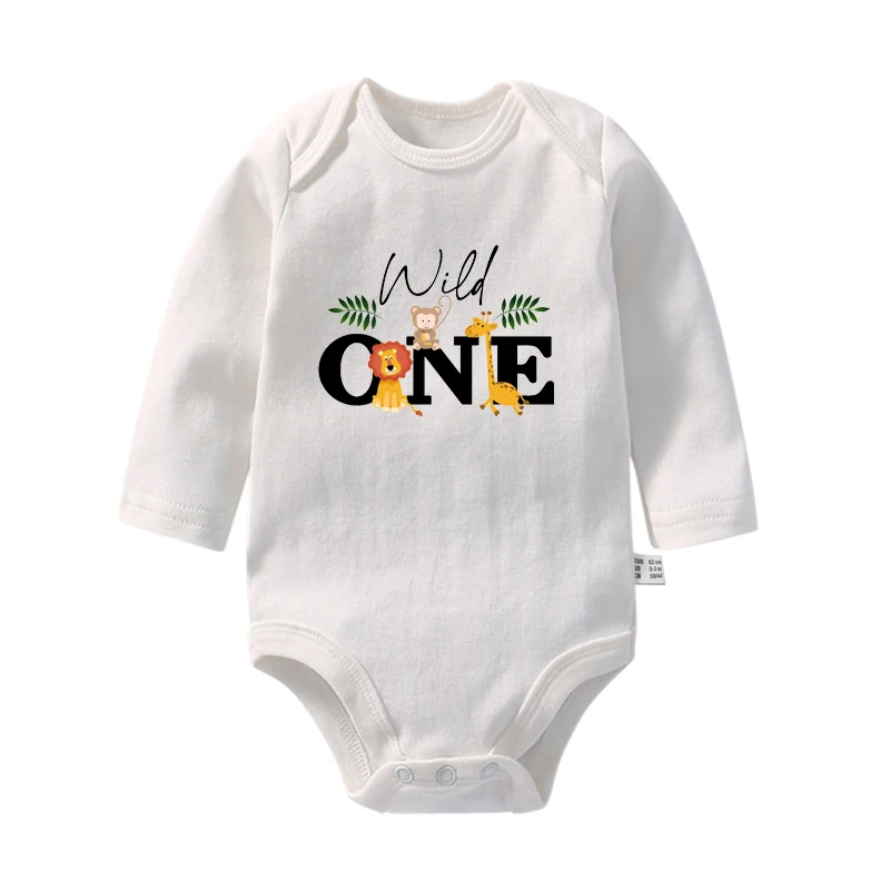 Wild One Birthday Baby Bodysuit Infant 1st Birthday Jungle Party Outfit Animal Cartoon Baby Clothes Toddler Long Sleeve Jumpsuit