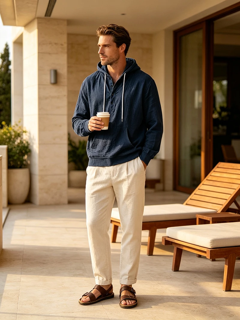 Herren Leinen-Pullover-Hemd Frühling Herbst Lässiges Kapuzen-Oberteil Locker Geschnittenes Langarm-Textilhemd Leichte Freizeitkleidung für Männer – Detail 13