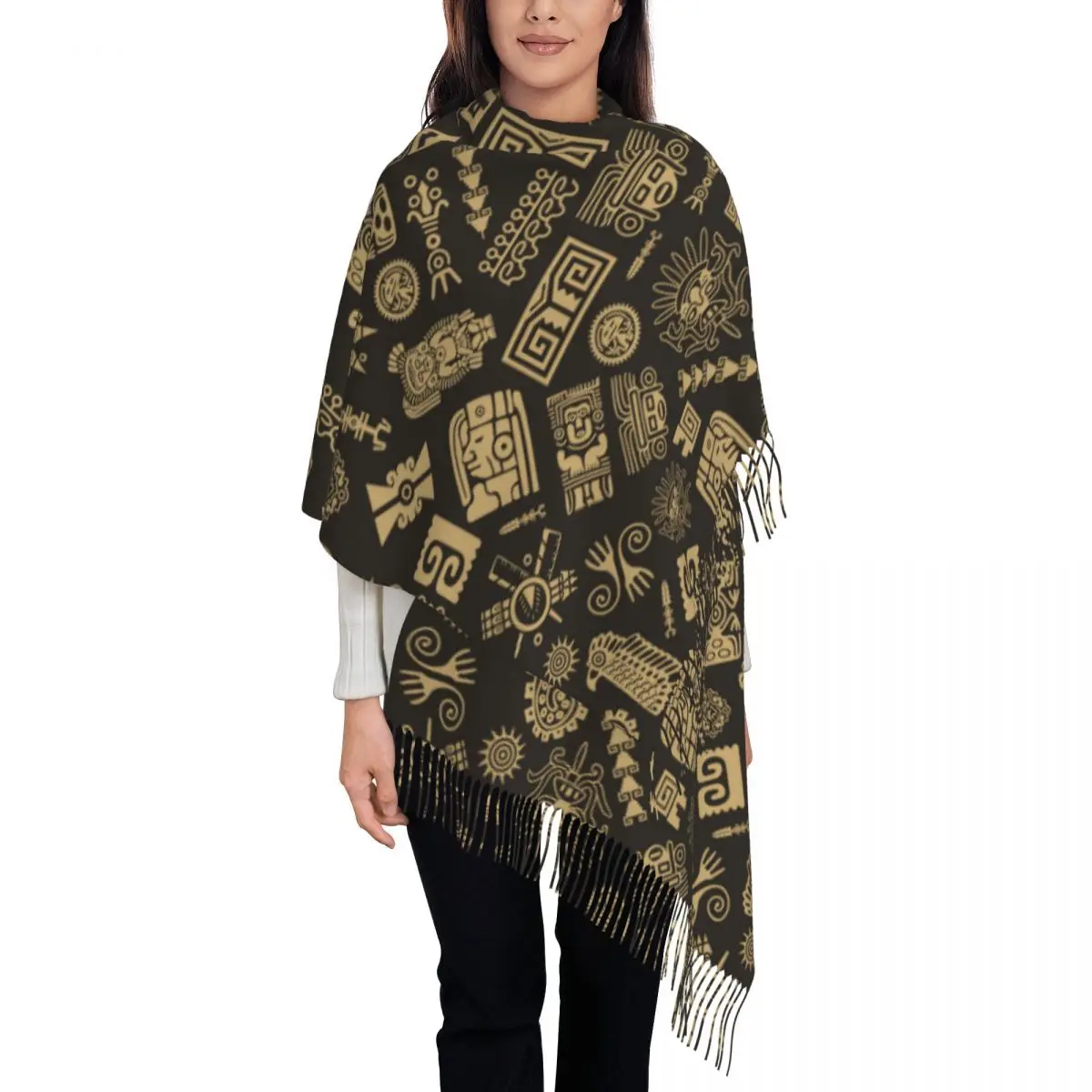 Women Scarf Ancient Maya Pattern Winter Shawls Thin Wrap Lady Tassel Warm Scarves Hairy Bufanda Stole