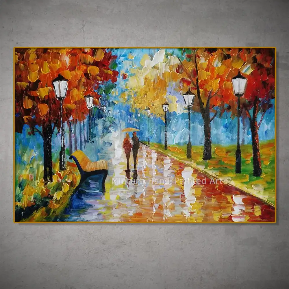 

Mintura,Artwork Handpainted Modern Landscape Lover Path Rain Night Streetlight Oil Paintings Canvas,Wall Arts Picture Home Decor