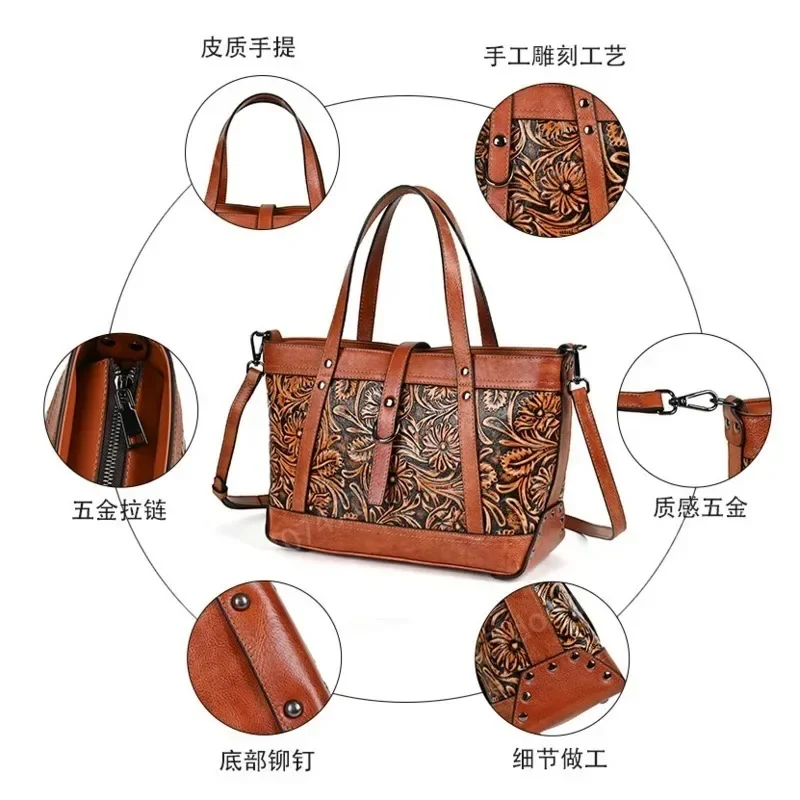 Yao Dong 2024 nuevos bolsos de gran capacidad para mujer de cuero genuino tallado a mano bolso Vintage para mujer bolsos de hombro hechos a mano