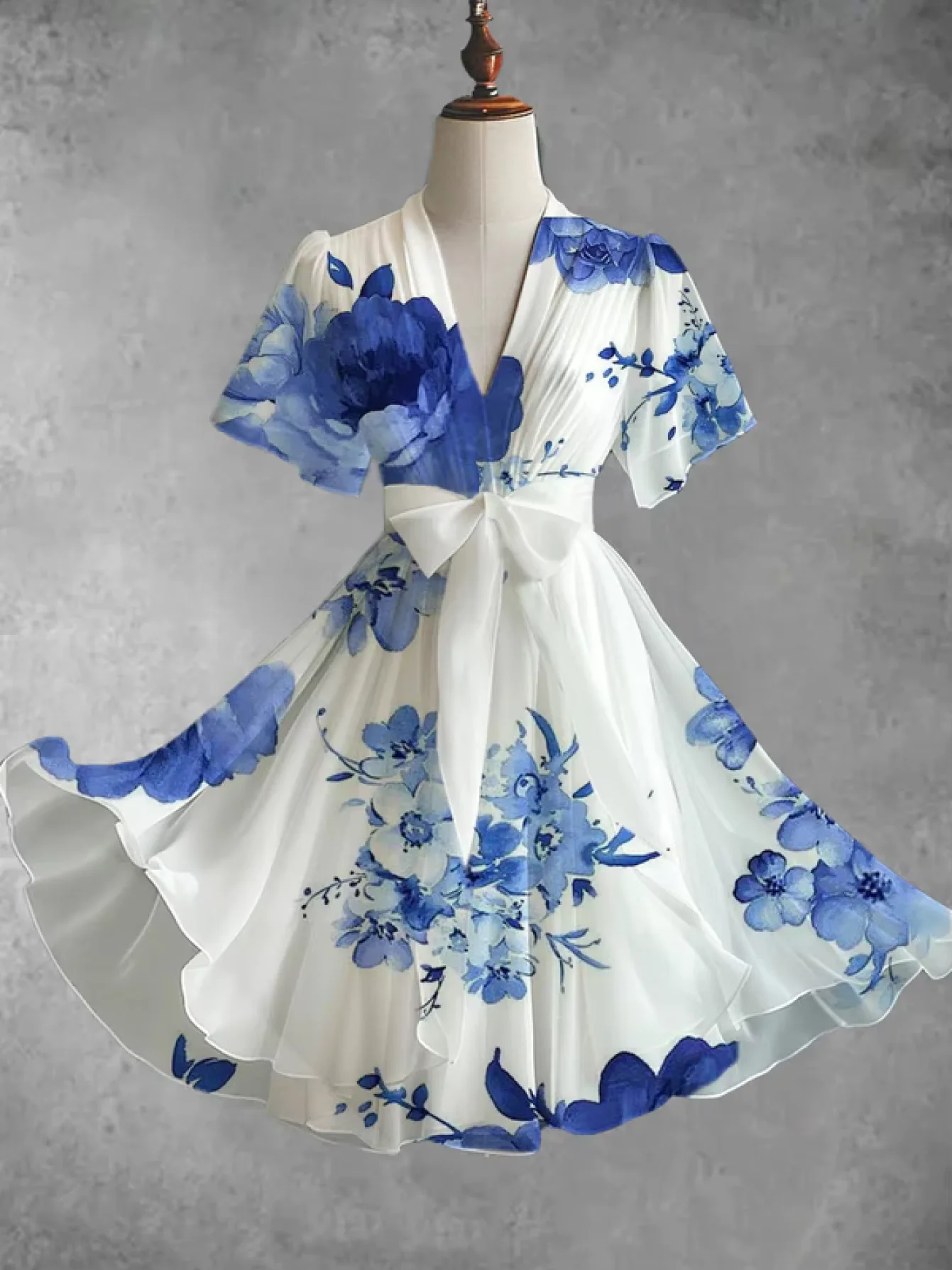 

Large Size Vintage Floral Art Print Dress Women's V-Neck Elegant Stylish Short-Sleeve Mid-Length Gown for Special Occasions