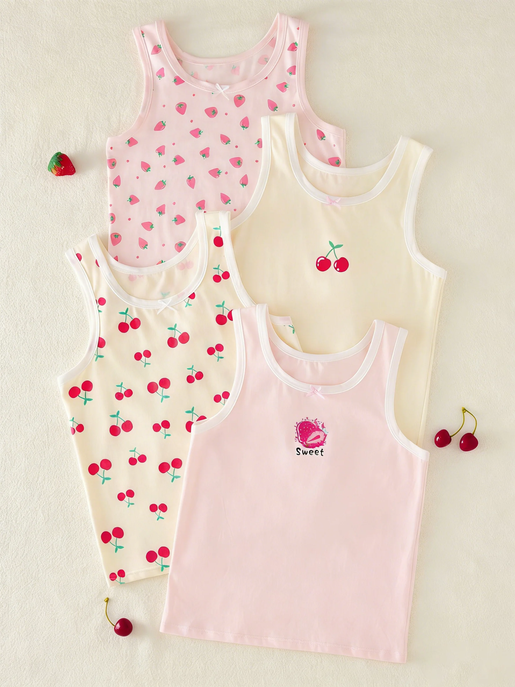 Four-Piece Set of Cute Strawberry and Cherry Fruit Series Printed Multi-Color Vests for Girls, Suitable for Wearing Inside or Outside as Base Layer Underwear