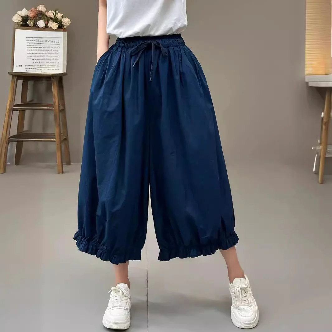 High end Women clothes Bloomers Summer Flower Buds Retro Casual Solid All-Match Elastic Waist Wide Leg