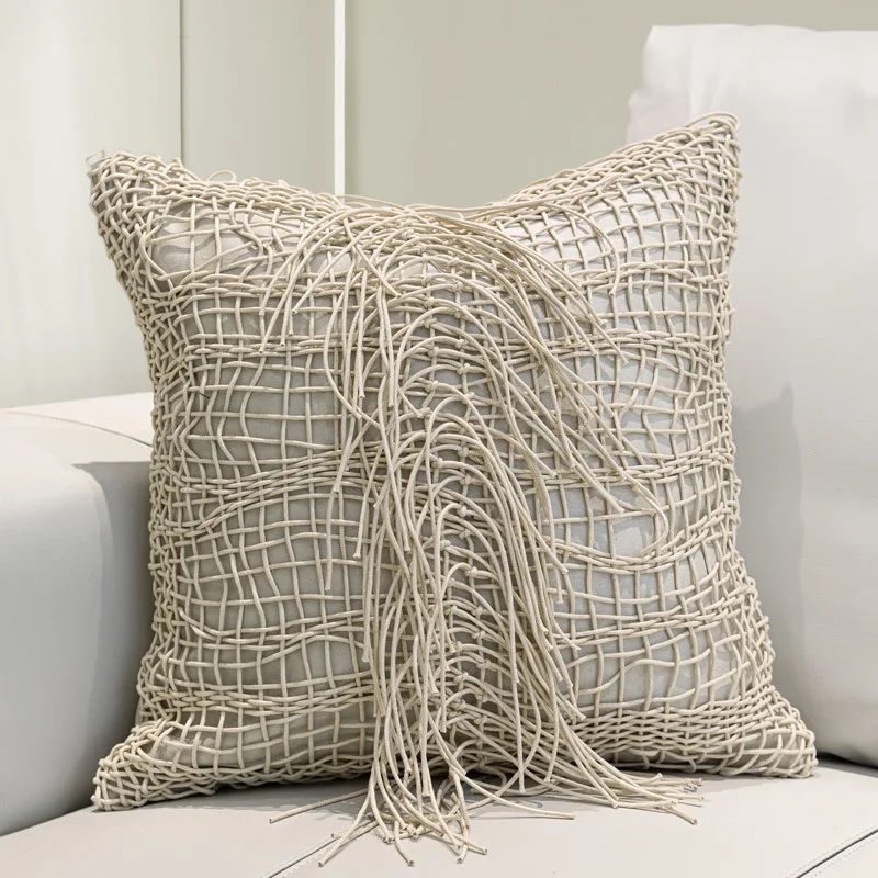 NEW Cushion Cover Unique Design Hand Woven Beige Tassel Suede Fabric Modern Simple Home Decoration Pillowcase Upgrade Your Style