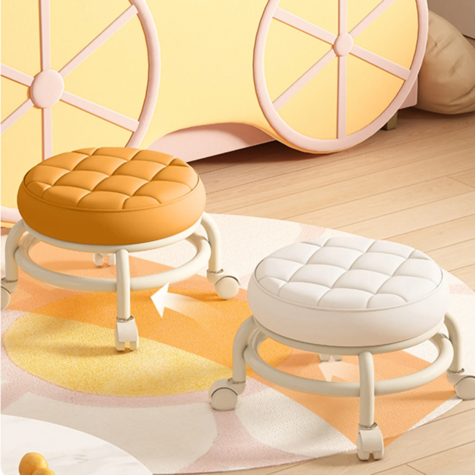 Swivel Caster Stool Breathable Leather Quilted Stool Home Seating Rebound Foam Furniture Metal Frame for Beside Sofa