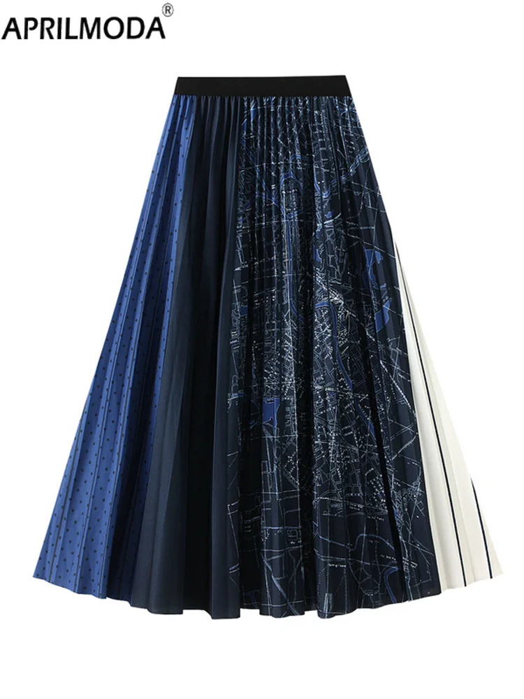 

2025 Elegant Autumn Patchwork Blue Pleated Midi Long Maxi Skirt High Elastic Waist A-line Casual Party Calf Long Drape Skirts