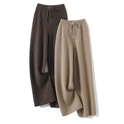 CHICUU, pantalones de Cachemira para mujer, pantalones de pierna ancha para otoño e invierno, pantalones sueltos informales a rayas, prendas de punto de lana merina 100%, pantalones suaves y cálidos