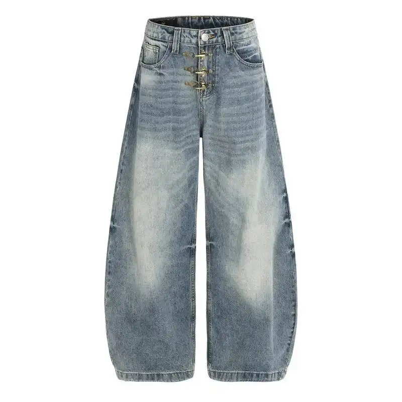 Niche Airplane Buckle Men's Blue Scimitar Jeans Light Blue Washed Casual Wide Leg Pants Loose Denim Trousers New 9XEAL2