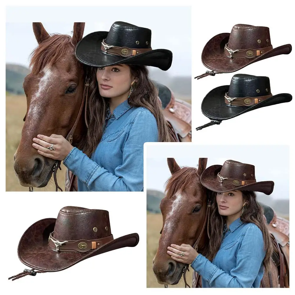 Vintage Western Cowboy Hat Ox Head Belt Rivet Fedora Hats For Men Women Outdoor Travel Wide Brim Faux Leather Cowgirl Sun C L1E4