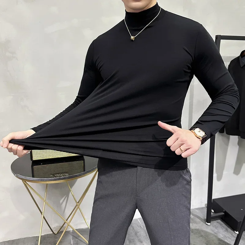 

5 Colors Autumn Winter New Turtleneck Long Sleeve T Shirts Men Solid Color Slim Fit Casual Elastic Warm Tee Shirt Homme 3XL-M