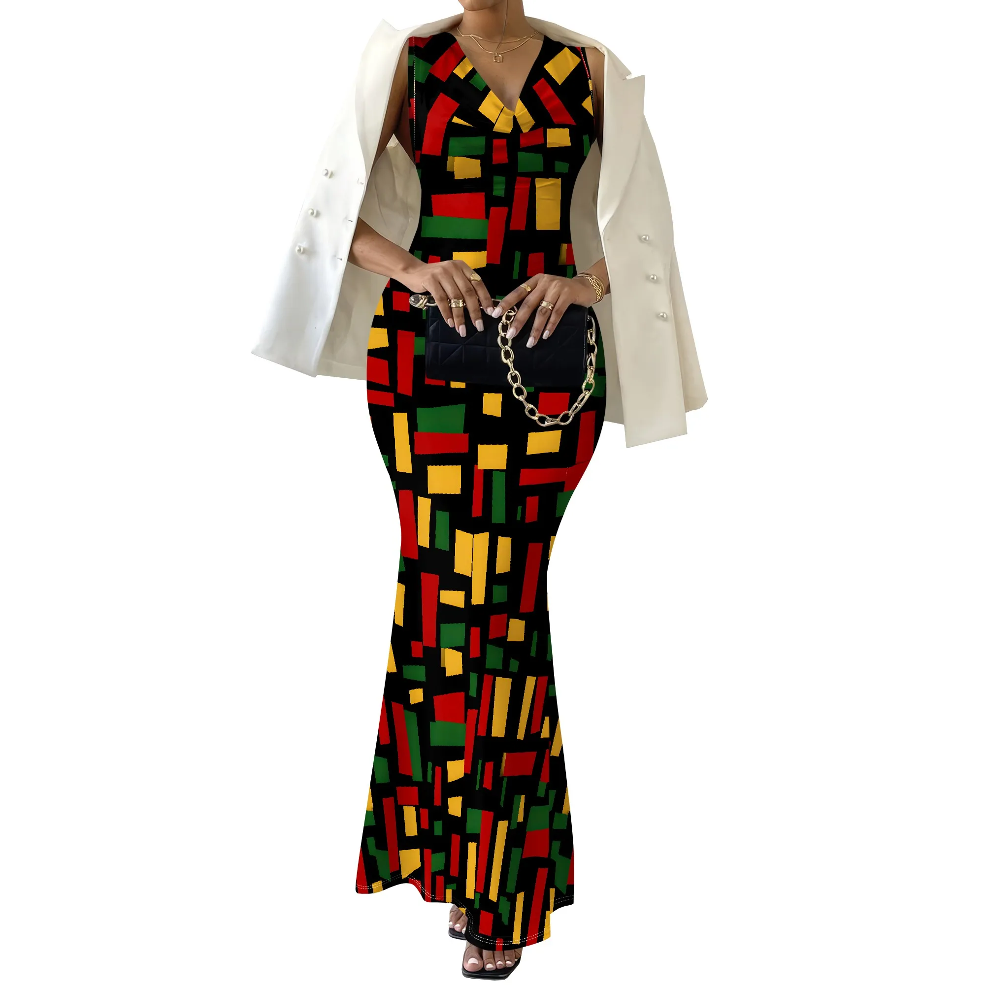 Geometric Print Cowl Neck Mermaid Dress, Abstract Art Pattern Maxi Gown, Rasta Color Block Party Wear for Women XS-2XL