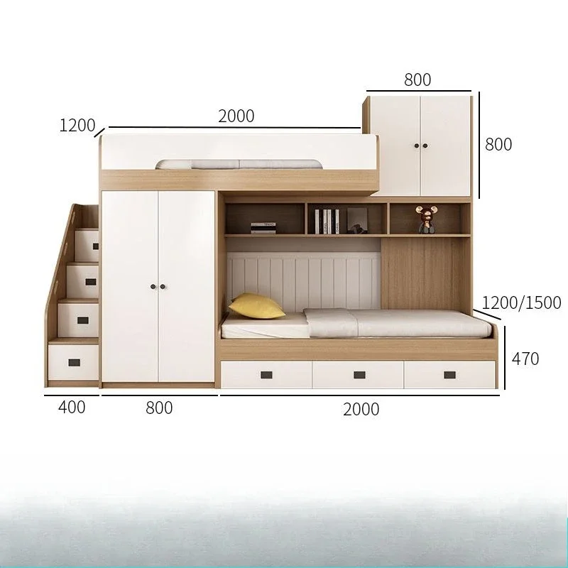 Upper and lower beds Bunk beds Small apartment upper and lower child and mother wooden beds