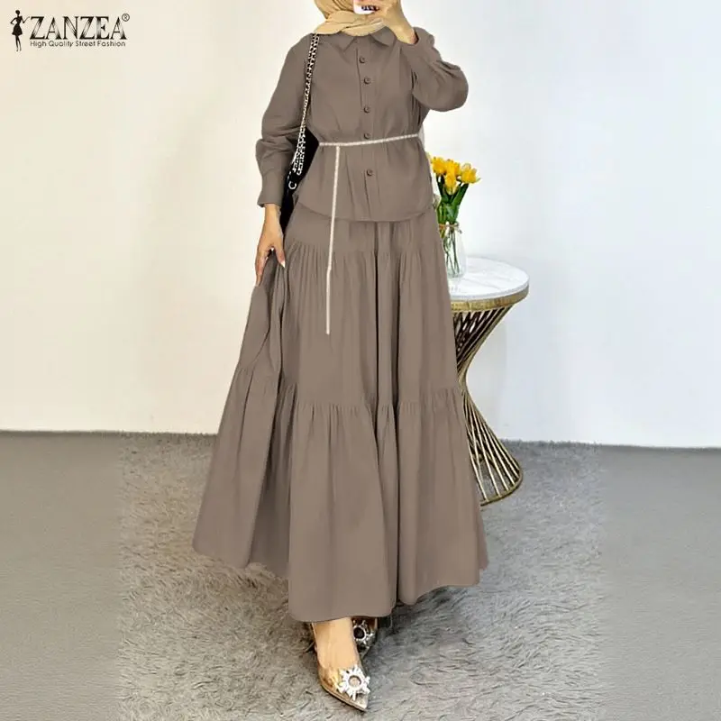 ZANZEA Muslim Modest Womens Skirt Suits Hijabis Long Sleeve Shirt & Tiered Long Skirt 2 Pieces Sets Islamic Daily Casual Outfits