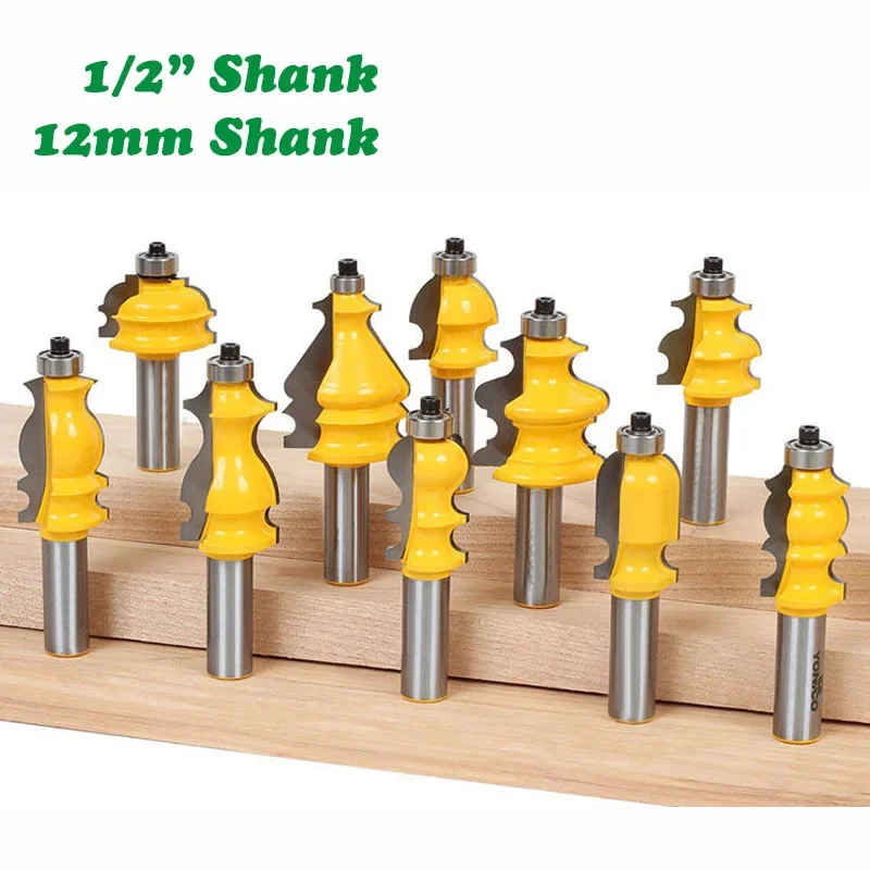 

10PC/Set 1/2" 12.7MM 12MMShank Milling Cutter Wood Carving Architectural Molding Router Bit Set Casing Base CNC Line Woodworking