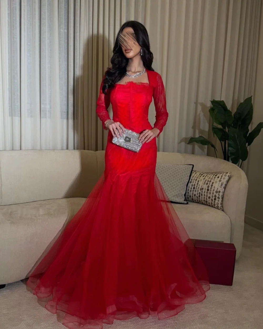 

Customized Sexy Pastrol Lace Tulle Pleat Ruched Mermaid Square Neck Long Dresses Evening Dresses High Quality Sizes Available