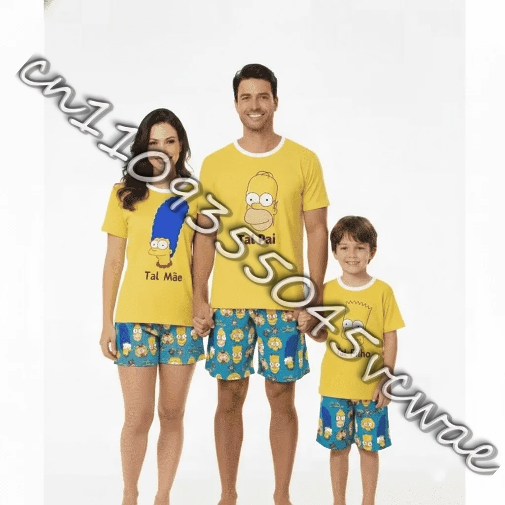 Conjunto de pijama de manga corta de Disney Simpsons, pantalones cortos informales de verano, pijamas para parejas, familia, uso al aire libre, cómodo para adultos y niños