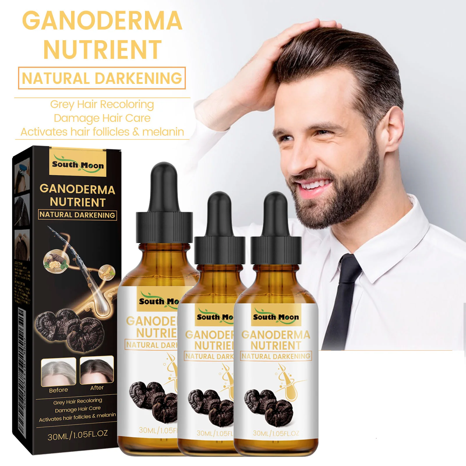 1/2/4pcs Black Ganoderma Lucidum Hair Liquid Repairing From White To Black Strengthen Hair Root Nourish Hair Oil Hair Care Serum