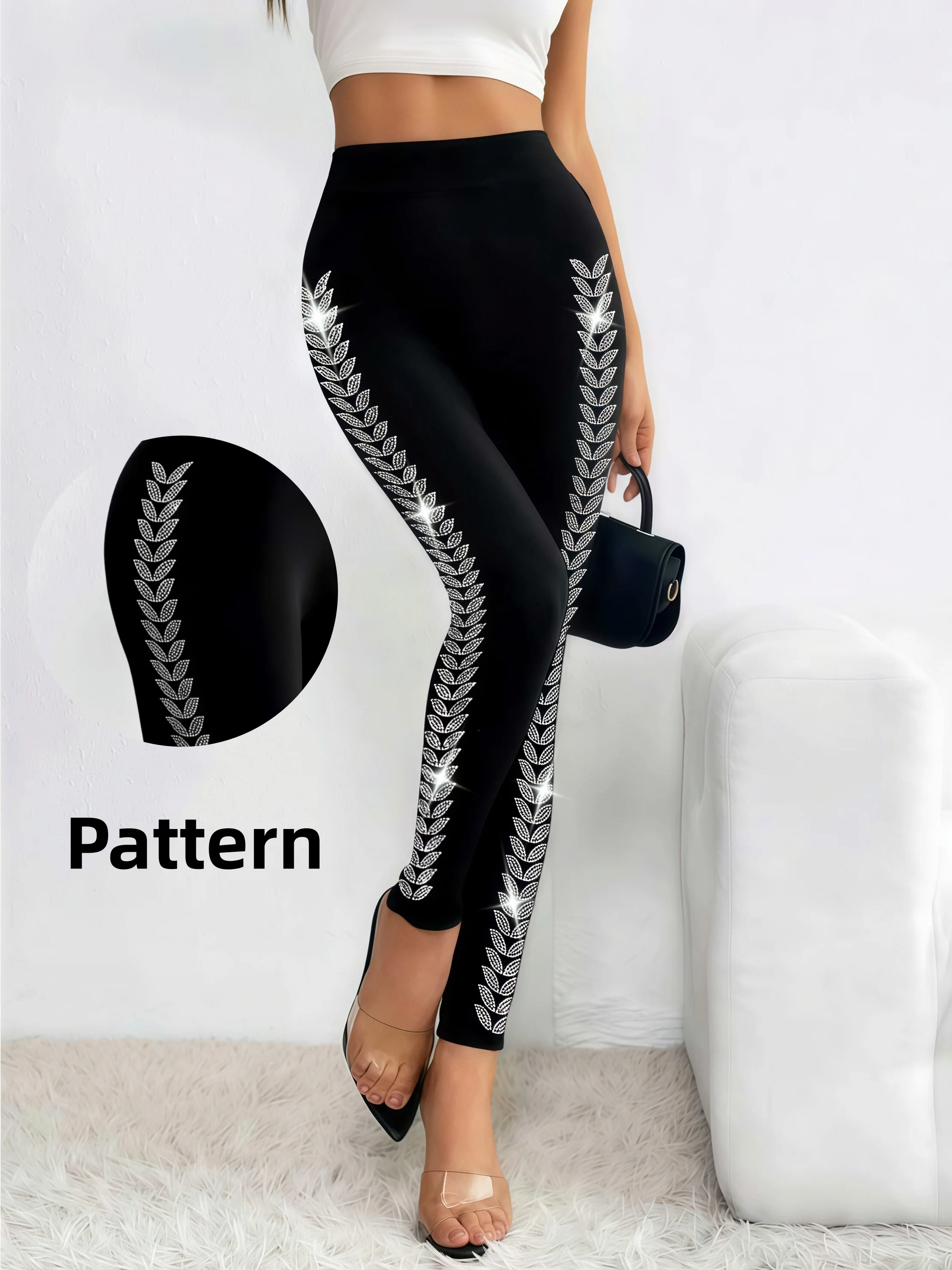 Women's Rhinestone Leaf Sparkly Side Embellished Shiny Tight Leggings Party Clubwear Fashion Pants