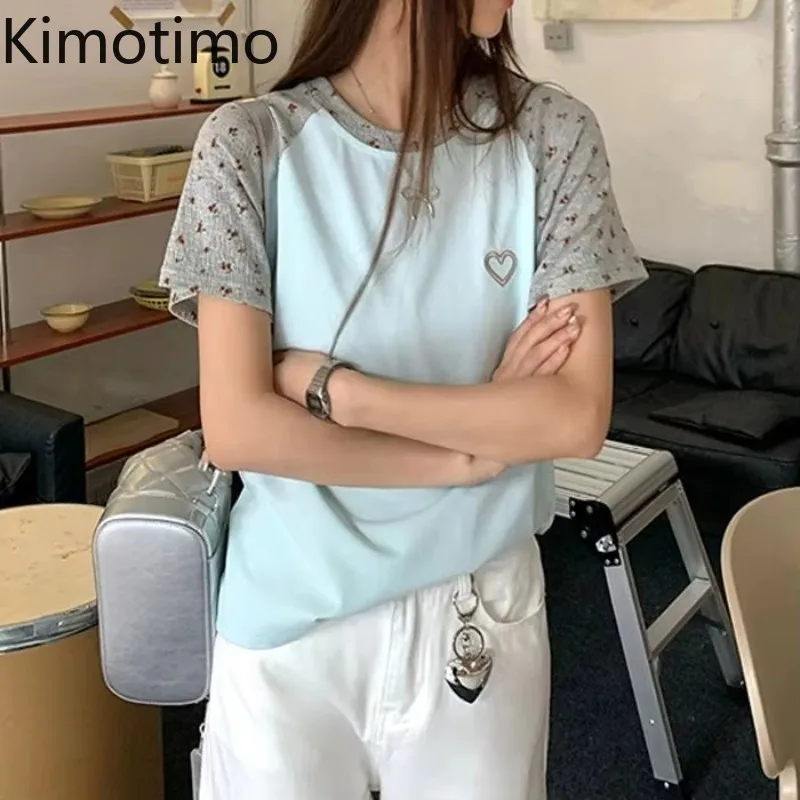 

Kimotimo Korean Style Floral Short Sleeve T-shirt Women Summer Patchwork Contrast Color Slim Crop Top Sweet Casual Streetwear