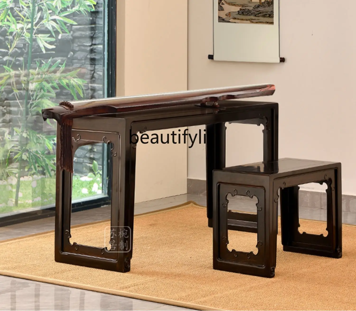 Red sandalwood roll moire guqin table and stool mahogany Ming-style Sinology table guzheng piano table