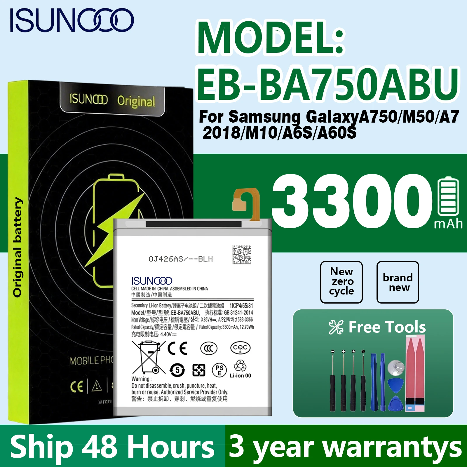 100% New Zero Cycle EB-BA750ABU Replacement Battery for Samsung Galaxy A750/M50/A7-2018/M10A6S/A60S  +Free Tools