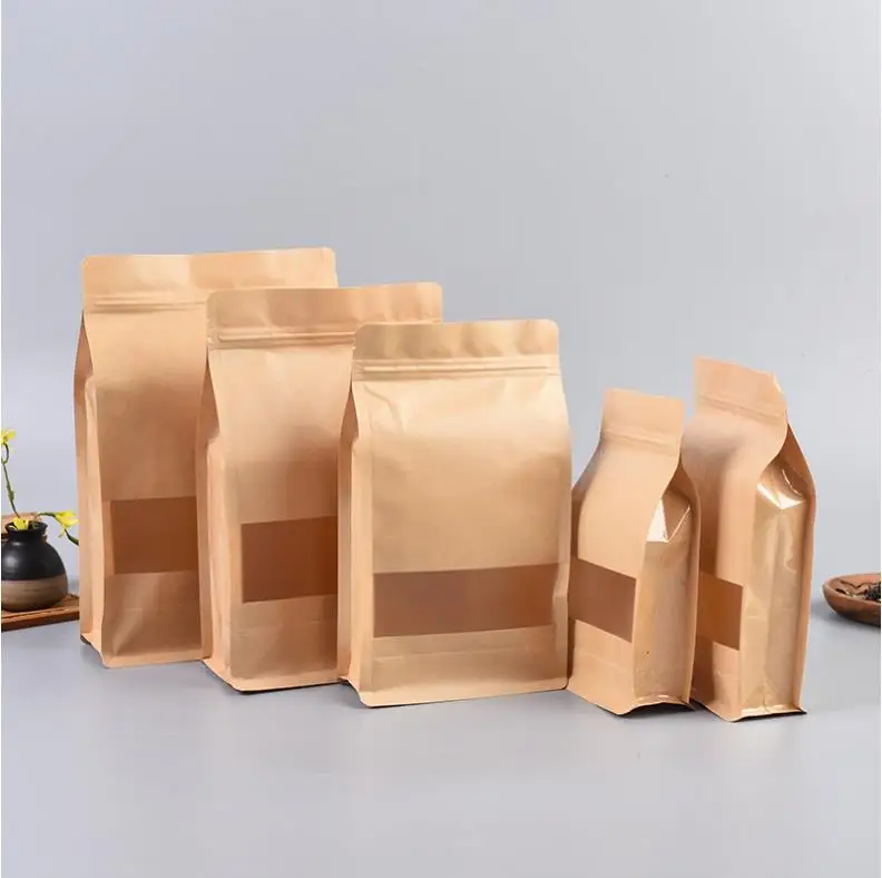 500Pcs Reusable Kraft Paper Pouches with Window Ziplock Bulk Food Stand Up Bag Gift Packaging Bag for Dry Goods Wholesale ni18